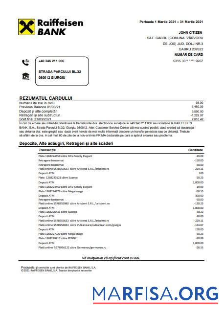 Realistic Romania Raiffeisen bank statement excel real example